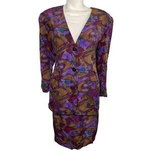 Vintage Michelle Stuart Colorful‎ Silk Skirt Blazer Suit 80's 90's Sz 8